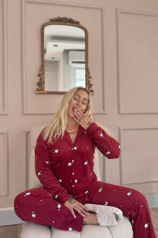 Bordo Panda Desenli Önden Düğmeli Peluş Polar Pijama Takımı - Pijamaevi (1)