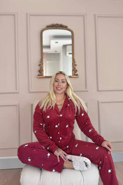 Bordo Panda Desenli Önden Düğmeli Peluş Polar Pijama Takımı - 3