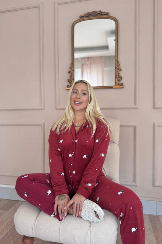 Bordo Panda Desenli Önden Düğmeli Peluş Polar Pijama Takımı - Pijamaevi (3)