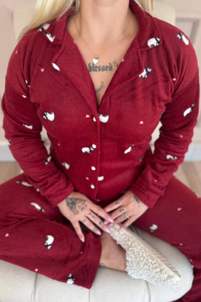 Bordo Panda Desenli Önden Düğmeli Peluş Polar Pijama Takımı - 5