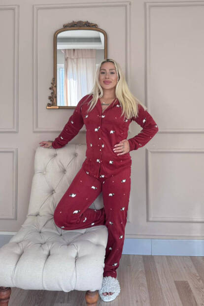 Bordo Panda Desenli Önden Düğmeli Peluş Polar Pijama Takımı - 6