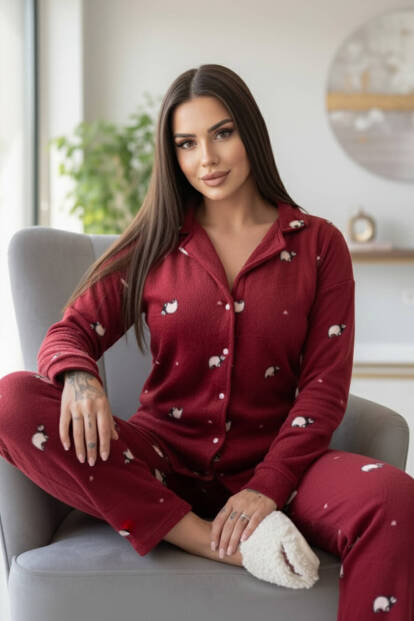 Bordo Panda Desenli Önden Düğmeli Peluş Polar Pijama Takımı - 2