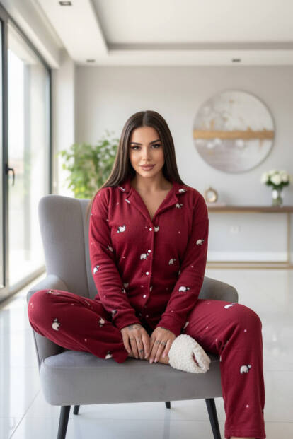 Bordo Panda Desenli Önden Düğmeli Peluş Polar Pijama Takımı - 3