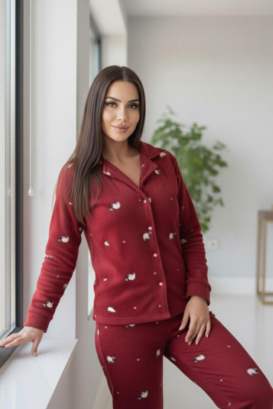 Bordo Panda Desenli Önden Düğmeli Peluş Polar Pijama Takımı - Pijamaevi (3)