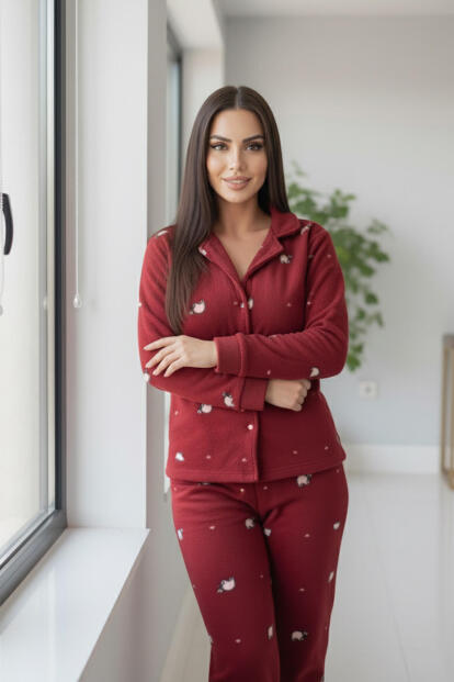 Bordo Panda Desenli Önden Düğmeli Peluş Polar Pijama Takımı - 5