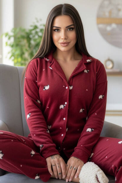 Bordo Panda Desenli Önden Düğmeli Peluş Polar Pijama Takımı - 6