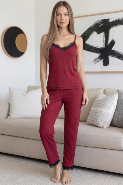Bordo Pegasus Dantelli Ip Askılı Örme Kadın Pijama Takımı - 6