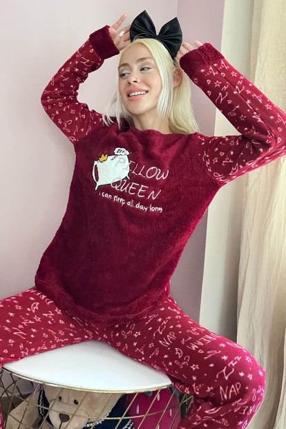 Bordo Pillow Desenli Kadın Peluş Pijama Takımı - 1