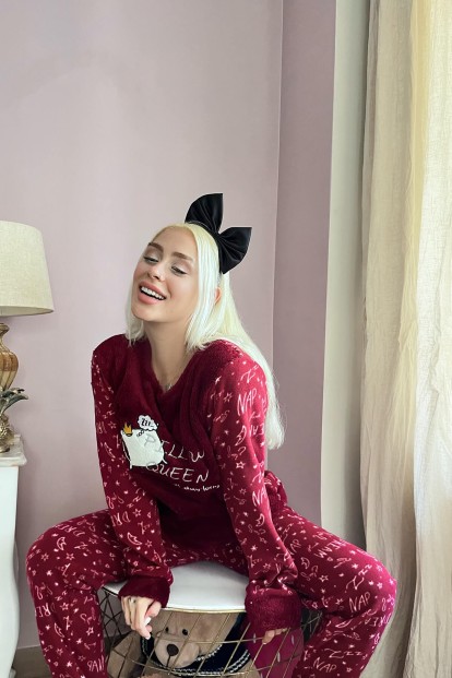 Bordo Pillow Desenli Kadın Peluş Pijama Takımı - 2