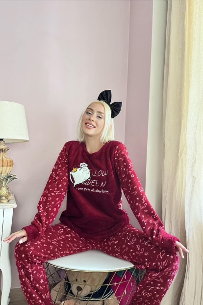 Bordo Pillow Desenli Kadın Peluş Pijama Takımı - 3