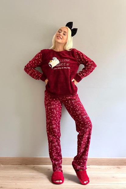 Bordo Pillow Desenli Kadın Peluş Pijama Takımı - 4