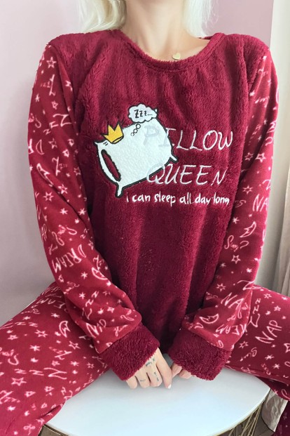 Bordo Pillow Desenli Kadın Peluş Pijama Takımı - 5