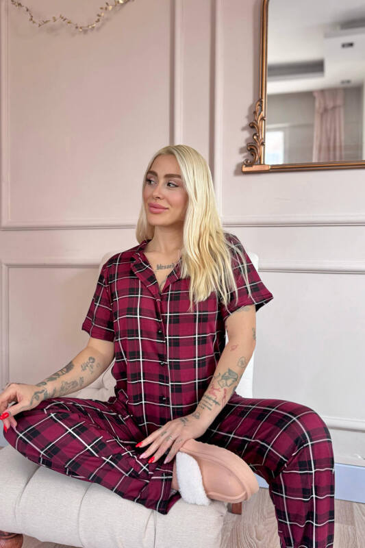 Bordo Silhouette Desenli Bambu Önden Düğmeli Kısa Kol Pijama Takımı - Pijamaevi (1)