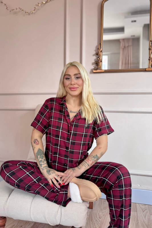 Bordo Silhouette Desenli Bambu Önden Düğmeli Kısa Kol Pijama Takımı - Pijamaevi (2)