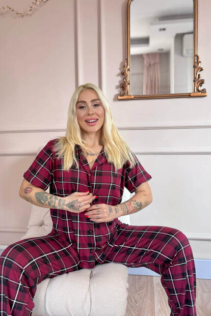 Bordo Silhouette Desenli Bambu Önden Düğmeli Kısa Kol Pijama Takımı - 4
