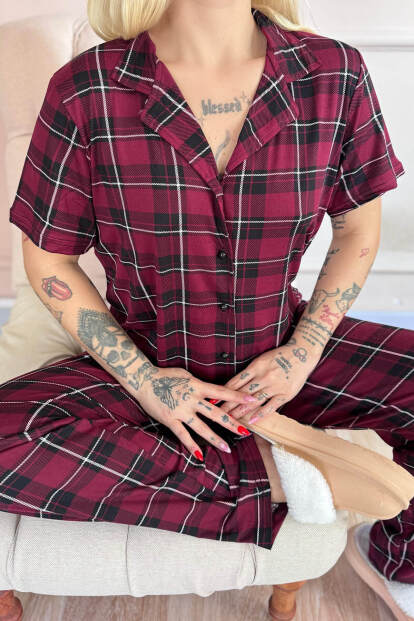 Bordo Silhouette Desenli Bambu Önden Düğmeli Kısa Kol Pijama Takımı - 5