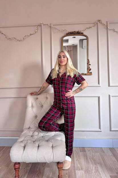 Bordo Silhouette Desenli Bambu Önden Düğmeli Kısa Kol Pijama Takımı - 6