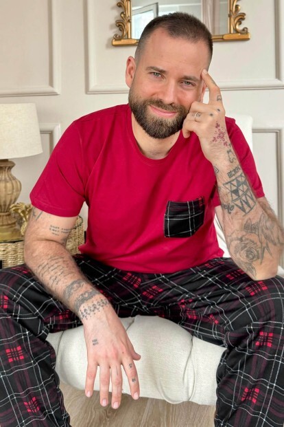Bordo Siyah Cep Detay Ekose Kısa Kollu Erkek Pijama Takımı - 7