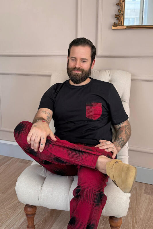 Bordo Siyah Ekose Cep Detay Kısa Kollu Erkek Pijama Takımı - Pijamaevi (2)