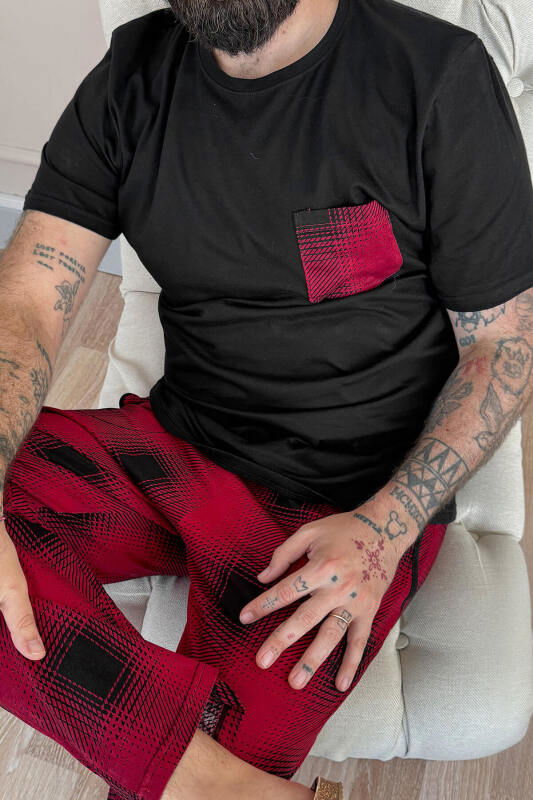 Bordo Siyah Ekose Cep Detay Kısa Kollu Erkek Pijama Takımı - Pijamaevi (3)