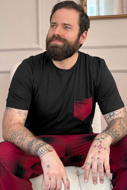 Bordo Siyah Ekose Cep Detay Kısa Kollu Erkek Pijama Takımı - 6