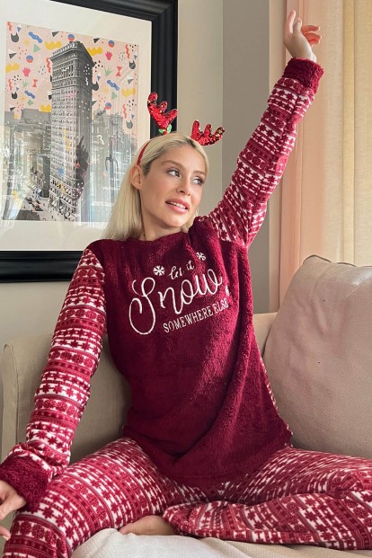 Bordo Snow Somewhere Desenli Kadın Peluş Pijama Takımı - 1
