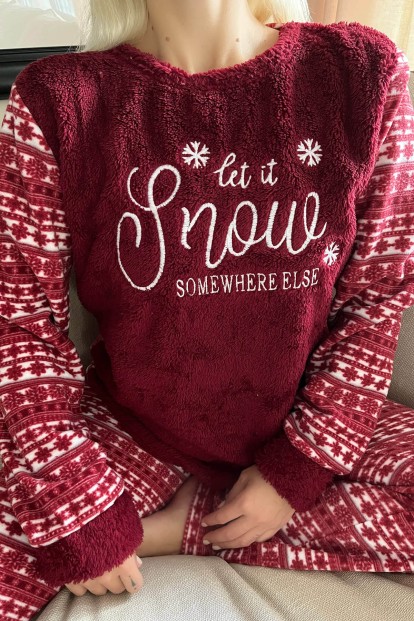 Bordo Snow Somewhere Desenli Kadın Peluş Pijama Takımı - 4