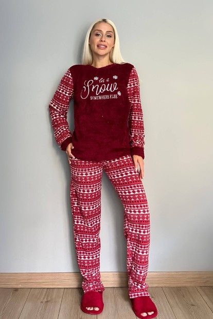 Bordo Snow Somewhere Desenli Kadın Peluş Pijama Takımı - 5