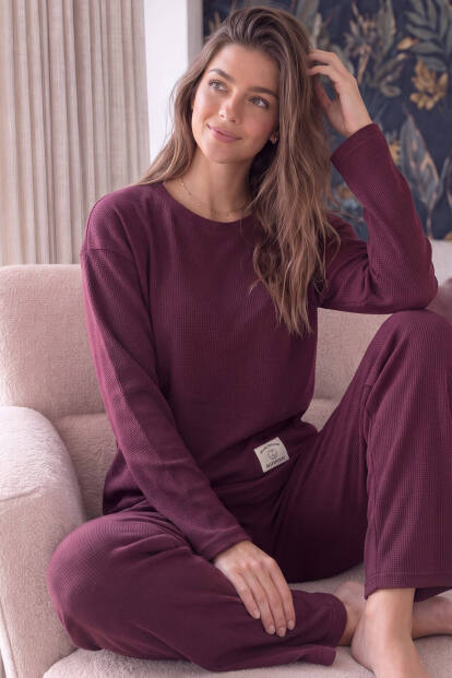 Bordo Soft Touch Waffle Uzun Kollu Örme Kadın Pijama Takımı 