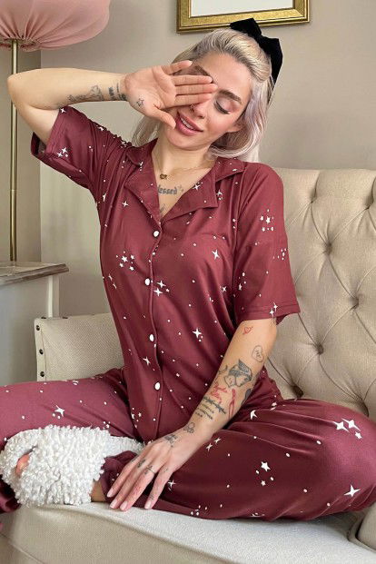 Bordo Stars Desenli Bambu Önden Düğmeli Kısa Kol Pijama Takımı - 1