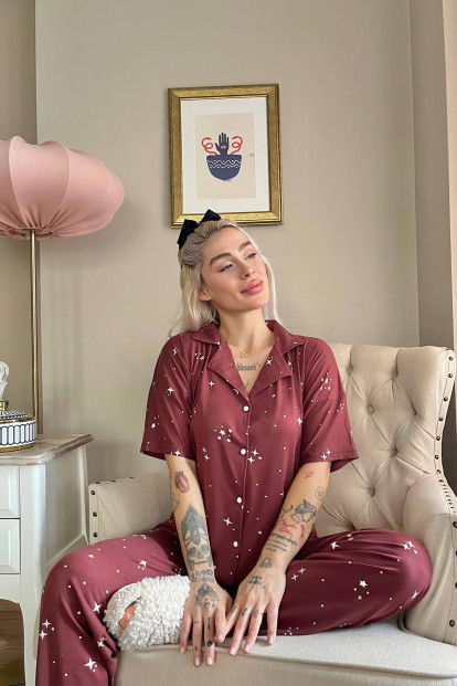 Bordo Stars Desenli Bambu Önden Düğmeli Kısa Kol Pijama Takımı - 2