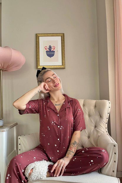 Bordo Stars Desenli Bambu Önden Düğmeli Kısa Kol Pijama Takımı - 3