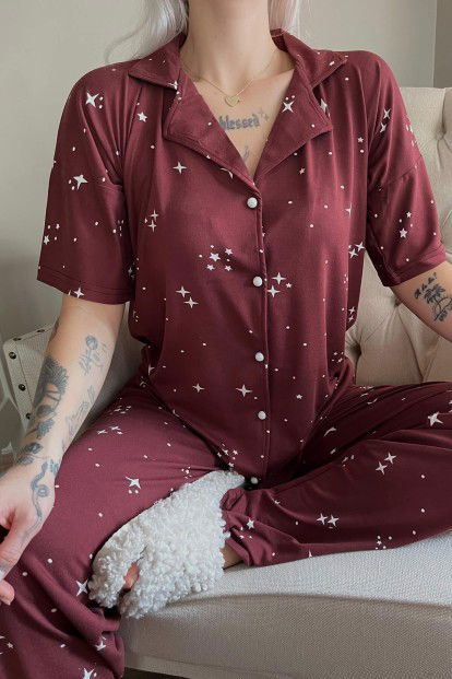 Bordo Stars Desenli Bambu Önden Düğmeli Kısa Kol Pijama Takımı - 4