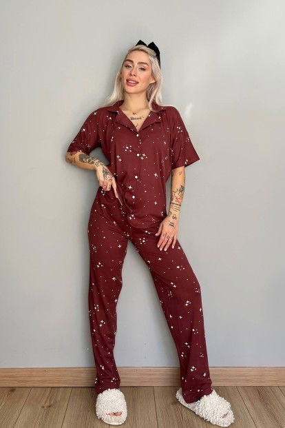Bordo Stars Desenli Bambu Önden Düğmeli Kısa Kol Pijama Takımı - 5