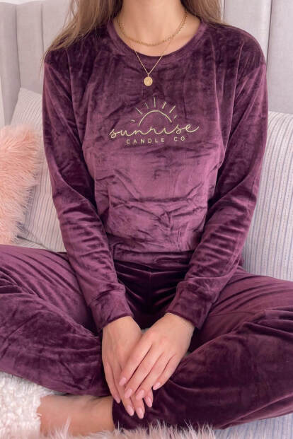 Bordo Sunrise Desenli Exclusive Kadife Kadın Pijama Takımı - 5