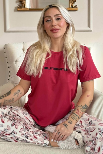 Bordo SunShine Desenli Kısa Kollu Örme Kadın Pijama Takımı - 7