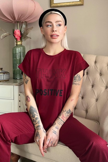 Bordo Think Baskılı Örme Kısa Kollu Kadın Pijama Takımı - 1