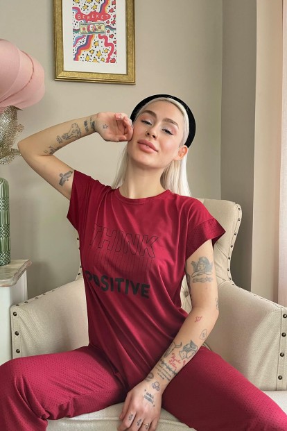 Bordo Think Baskılı Örme Kısa Kollu Kadın Pijama Takımı - 2