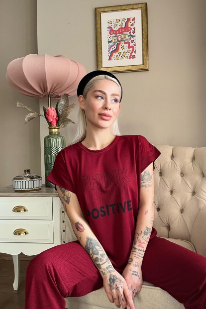 Bordo Think Baskılı Örme Kısa Kollu Kadın Pijama Takımı - 3