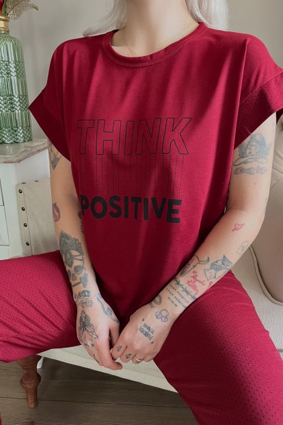 Bordo Think Baskılı Örme Kısa Kollu Kadın Pijama Takımı - 4