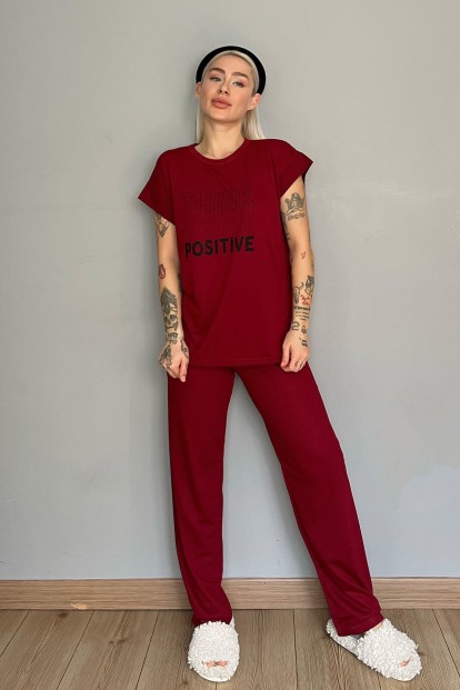 Bordo Think Baskılı Örme Kısa Kollu Kadın Pijama Takımı - 5