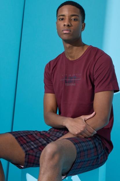 Bordo Unlimited Baskılı Şortlu Erkek Pijama Takımı 