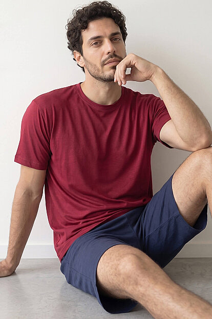 Bordo Üst Lacivert Alt Erkek Şortlu Pijama Takımı 