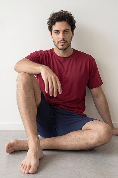 Bordo Üst Lacivert Alt Erkek Şortlu Pijama Takımı - 2
