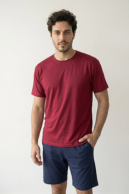 Bordo Üst Lacivert Alt Erkek Şortlu Pijama Takımı - 5