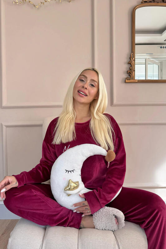 Bordo Vibes Desenli Exclusive Kadife Kadın Pijama Takımı  - Pijamaevi (3)