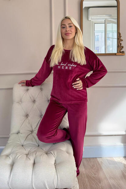 Bordo Vibes Desenli Exclusive Kadife Kadın Pijama Takımı  - 6