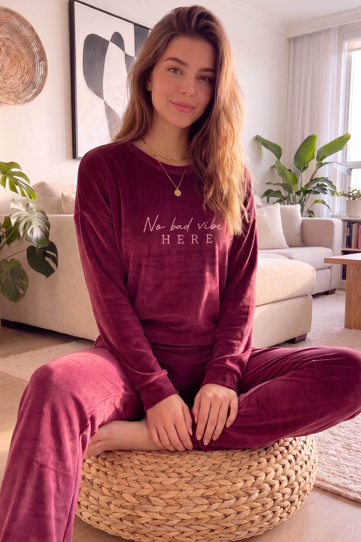 Bordo Vibes Desenli Exclusive Kadife Kadın Pijama Takımı  - Pijamaevi (3)