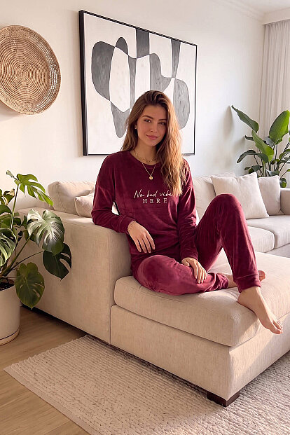 Bordo Vibes Desenli Exclusive Kadife Kadın Pijama Takımı  - 6