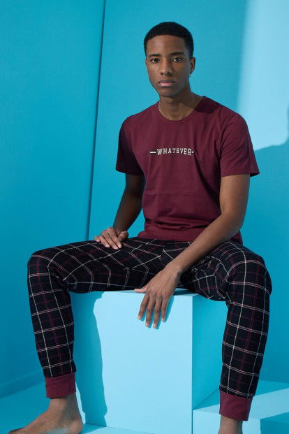 Bordo Whatever Baskılı Kısa Kollu Erkek Pijama Takımı - 2